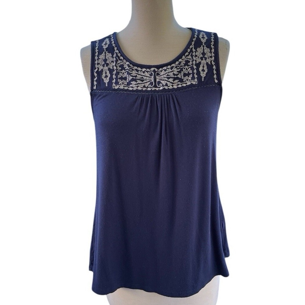 Skies Are Blue Embroidered Cottagecore Tank Top Sleeveless Navy Blue Size M